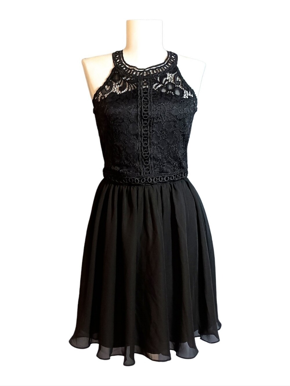 Black Lace Cocktail Dress Size Medium M Goth Glamcore Halter Style Sheer Skirt